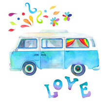 Watercolor Hippie Colorful Retro Bus, Psychedelic Flowers, Shells. Surfing Adventure