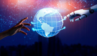 Poster - Human and robotics cooperation. Male and cyborg hands reaching 3d digital globe