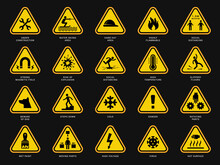 Yellow Warning Symbols. Triangle Signs With Danger Symbols Attention Camera Electrical Hazard Vector Templates. Safety Risk, Yellow Icon Hazard And Caution Illustration