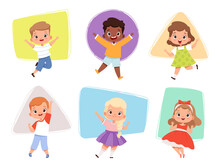 Happy Kids Jumping. Action Childrens In Different Poses Sitting Playing Joyful Running Cute Male And Female Characters Vector Boys And Girls. Action Fun Kid Girl And Boy Jump Illustration