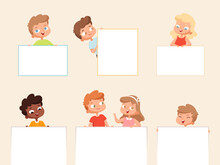Kids Holding Banner. Empty Posters Or Frames For Text Blank Banner With Happy Smiling Children Vector Portraits Of Kids Boys And Girls. School Young Children Holding Banner Illustration