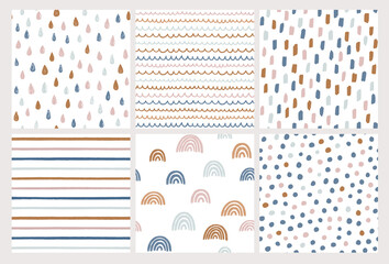 Set of hand drawn vector patterns in trendy colors. Doodles made with ink. Rainbow, stripes, dots, rain drops, brush strokes. Seamless geometric backgrounds. 