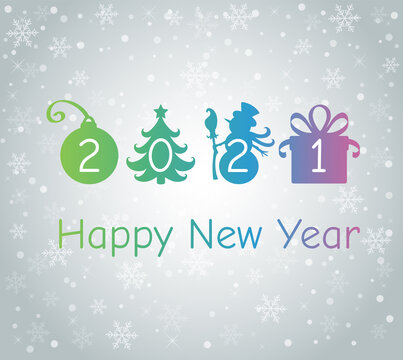 Happy New Year's post card on the grey background with snowflakes and snow.