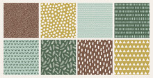 Set Of Hand Drawn Vector Abstract Doodle Patterns Winter, Earthy Tones. Seamless Doodle Backgrounds With  Dots, Branches, Brush Strokes, Triangles.
