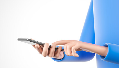 Cartoon man in blue shirt holding and using smartphone over white background with copy space. Social network and future technologies concept.