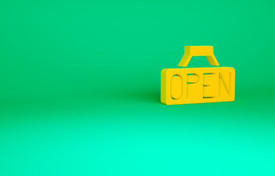 Orange Hanging sign with text Open door icon isolated on green background. Minimalism concept. 3d illustration 3D render.