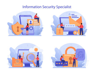 Cyber or web security specialist set. Idea of digital data protection