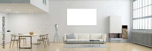 Cuadros en Lienzo Leinwand oder Posterdruck Mock-Up über Sofa in Loft