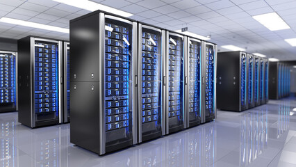 server racks in server room data center - 3d rendering