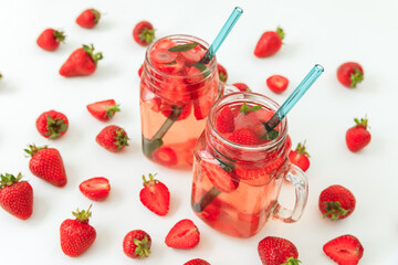 Healthy strawberry drink with berries. Diet iced drink with summer barries