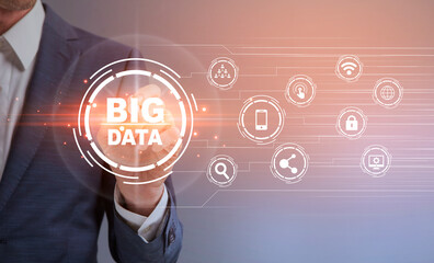Poster - Big Data. Unrecognizable businessman pressing button on digital screen with virtual icons