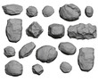 Set with stones of different shapes isolated on white background. Low poly gray stones. 3D. Vector illustration