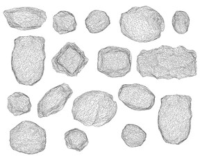 Poster - Set with stones of different shapes isolated on white background. Wireframe of stones. 3D. Vector illustration