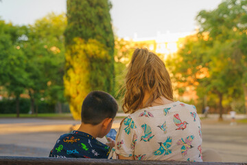 Sticker - Back view of a female showing content on her mobile phone to her son in the park