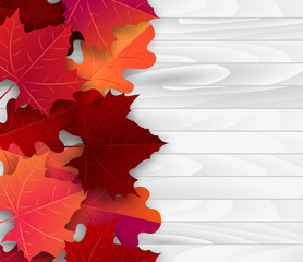 Wall Mural - Autumn maple leaves background. Fall banner template. Red and orange foliage on white wooden board planks. Thanksgiving season holiday concept. Realistic 3d vector illustration.