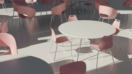 Poster - 3d render of abstract interior scene with pink chairs and warm sun light from the side window. Smooth camera movement.