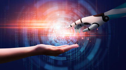 Poster - Artificial Intelligence Concept. Cyborg Hand Reaching Human Hand Over Abstract Binary Background
