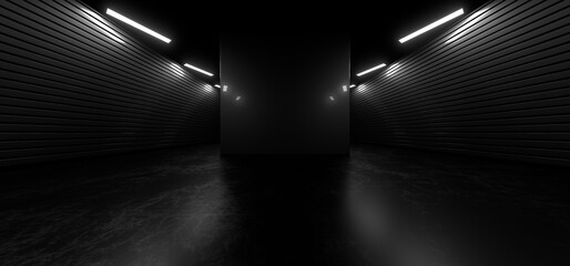 Poster - Dark hall with bright white neon lights on a black background. 3d rendering image.