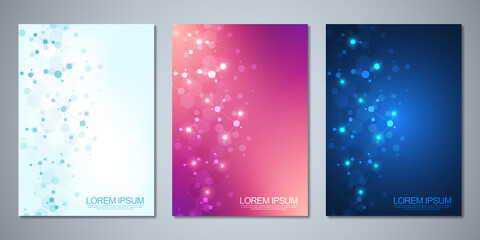 Wall Mural - Templates brochure or cover book, page layout, flyer design with abstract background of molecular structures and DNA strand. Concept and idea for innovation technology, medical research, science.