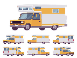 Wall Mural - RV camper van car, recreational vehicle. Motorhome trailer with living accommodations, holiday caravan for journey, convenient home on wheels. Vector flat style cartoon illustration, different views