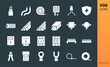 Electricity glyphs icon set. Set of cable hank, electrical wires, cord, junction box, electricity meter, outlets and switches, terminal connectors, din rail busbar, circuit breaker solid vector icons