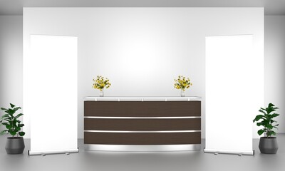 Wall Mural - roll up banner stand mockup in the reception. 3d rendering.