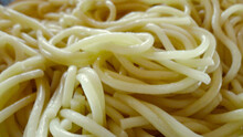 A Large Bowl With Freshly Cooked Sphaghetti Closeup	