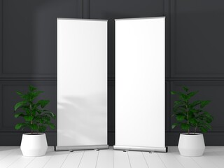 Wall Mural - roll up banner stand mockup in living room. 3d rendering.