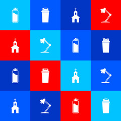 Sticker - Set Sport bottle with water, Fitness shaker, Church building and Table lamp icon. Vector.