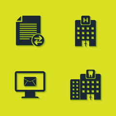 Sticker - Set Transfer files, Dental clinic, Monitor and envelope and Medical hospital building icon. Vector.