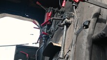 Inside View Of Old Rusted Abandoned Steam Locomotive Cab Parked In Museum. Tilt Down