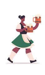 Wall Mural - girl waitress holding beer mugs Oktoberfest party concept african american woman in german traditional clothes having fun full length isolated vertical vector illustration