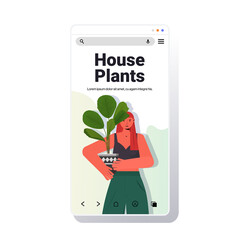 Wall Mural - woman taking care of houseplants housewife holding potted plant smartphone screen portrait copy space vector illustration