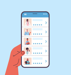 human hand using smartphone choosing doctor in mobile app online medical consultation healthcare service medicine concept vector illustration