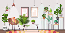 Modern Living Room Interior Home Apartment With Houseplants Horizontal Vector Illustration