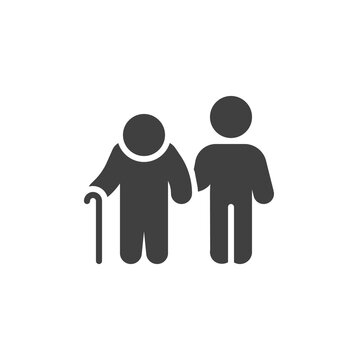 Volunteer caring for elderly man vector icon. filled flat sign for mobile concept and web design. Disabled person and volunteer glyph icon. Symbol, logo illustration. Vector graphics