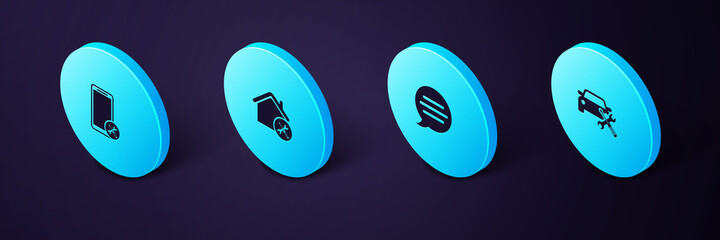 Sticker - Set Isometric Car service, Speech bubble chat, House and Mobile icon. Vector.