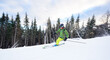 © anatoliy_gleb - Panoramic side view of fast risky skiing on mountain slope. Young male skier making extremal carving turn. Firs and pines, trees along snow-covered downhill under blue sky with white clouds.