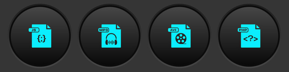 Set JS file document, MP3, AVI and PHP icon. Vector.