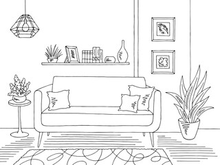 Living room graphic black white home interior sketch illustration vector