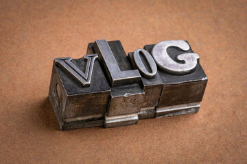 Canvas Print - vlog word abstract in gritty vintage letterpress metal types, mixed fonts, social media and communic
