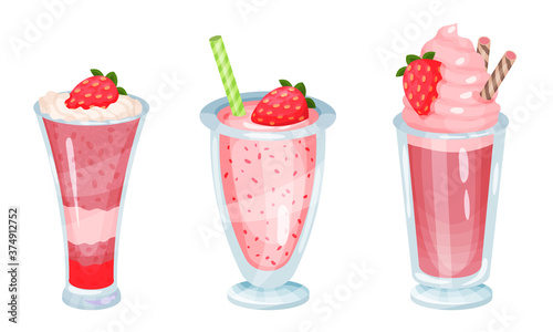 Desserts Served in Glass with Strawberry Vector Set Tableau sur Toile