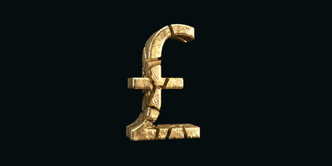 Destroyed gold symbol of the British pounds with cracks on a black background. The concept of falling currencies. Economic crisis. 3D-visualization