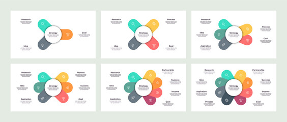 Business infographic template. Chart with 3, 4, 5, 6, 7, 8 steps, options, sections. Vector diagram.