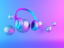 Classic Headphones With Disco Balls In A Relax Atmosphere In Pink And Blue Lighting. 3d Render.