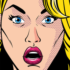 Wall Mural - portrait of blonde woman with open mouth, surprised, style pop art