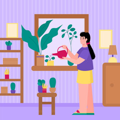 Wall Mural - Woman watering plants and flowers in pots in house. Girl doing her favourite hobby recreating and resting looking after home plants, flat cartoon vector illustration