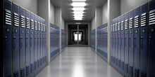 High School Lobby With Blue Color Lockers, Perspective View. Fitness Gym, Sports Club Hallway. 3d Illustration