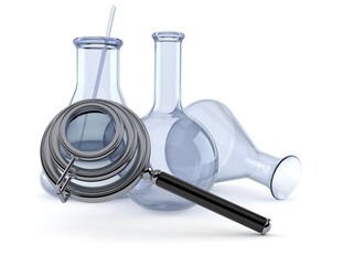 Poster - Chemistry flasks with magnifying glass