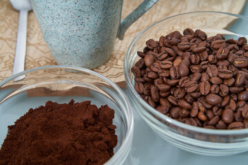 Poster - Closeup shot of aromatic coffee beans, melted coffee, cup and spoon